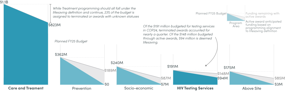 Terminated award budgets included lifesaving resources, particularly within treatment and testing