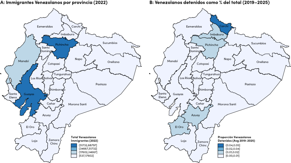 Distribuciones geográficas de Venezolanos detenidos y Venezolanos en la población