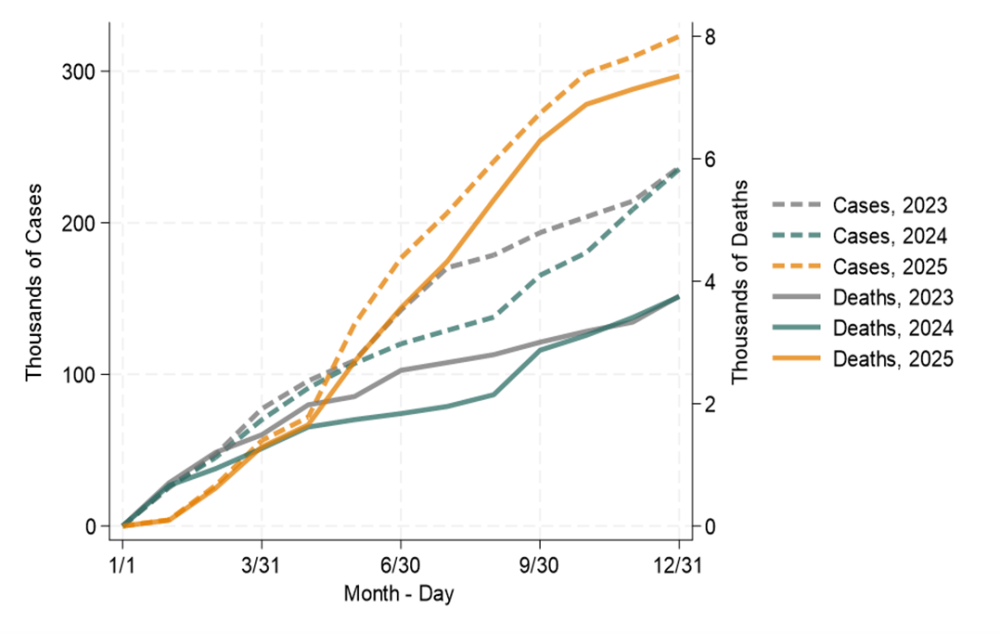 Cholera Deaths Nearly Doubled, Figure 1. Cumulative case and death counts from cholera in sub-Saharan Africa, 2023–2025