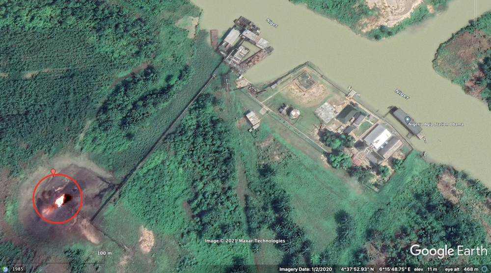 Google Earth image of a methane flare with a circle marking the flare