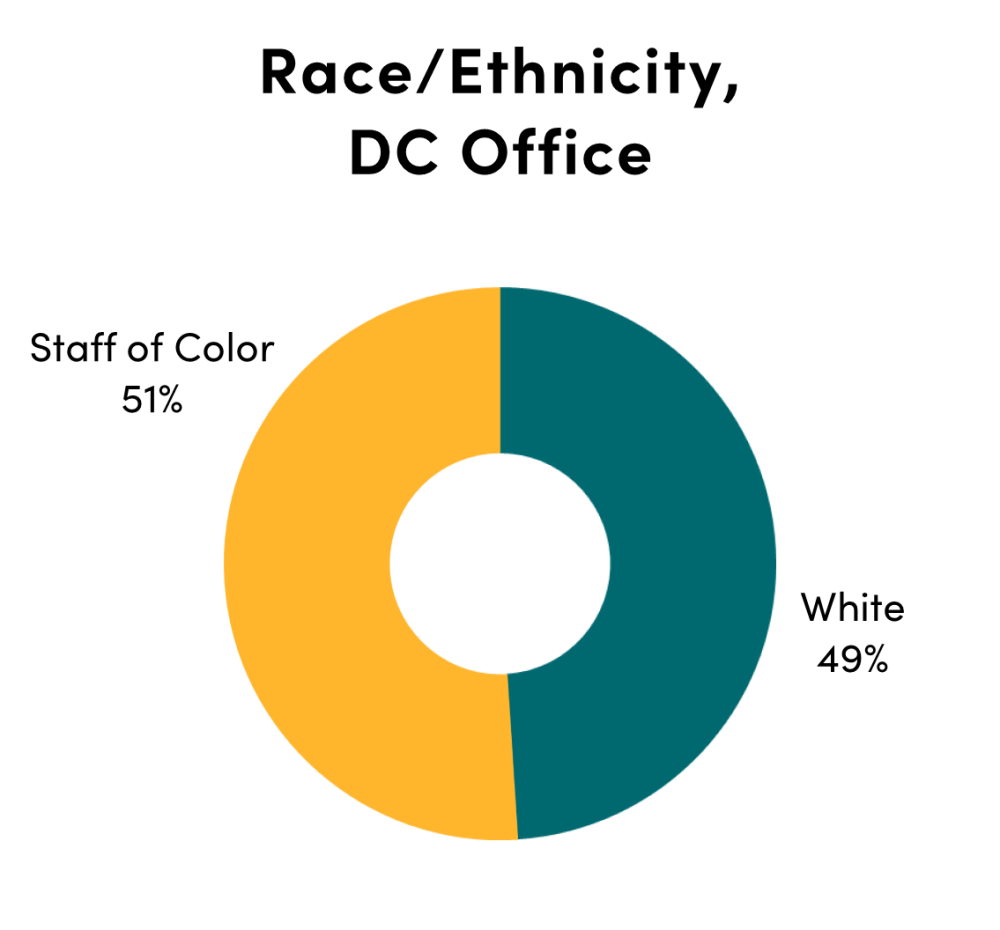 Chart of CGD DC office by race: white (49%), staff of color (51%)