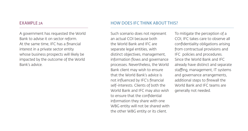Screenshot of a question and answer from an IFC handbook on World Bank conflicts of interest
