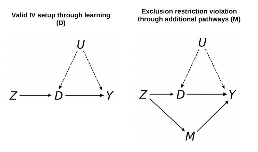 Valid IV setup through learning and Exclusion restriction violation through additional pathways equations