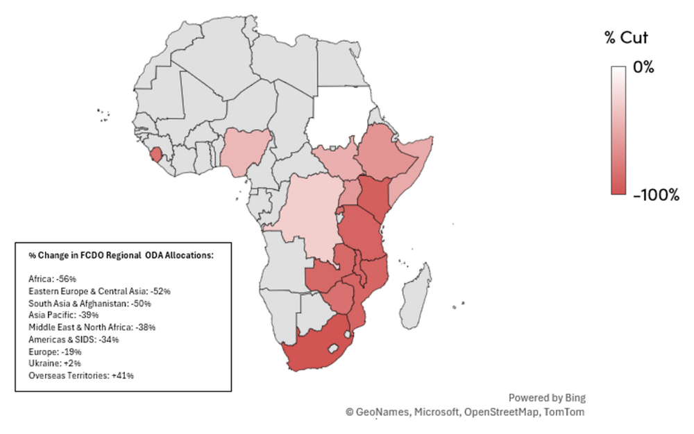 Cuts in FCDO ODA to African countries, 2024-25 outturn to 2028-29 plans