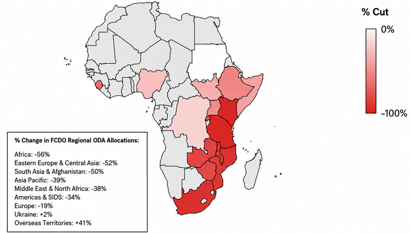 Cuts in FCDO ODA to African countries, 2024-25 outturn to 2028-29 plans