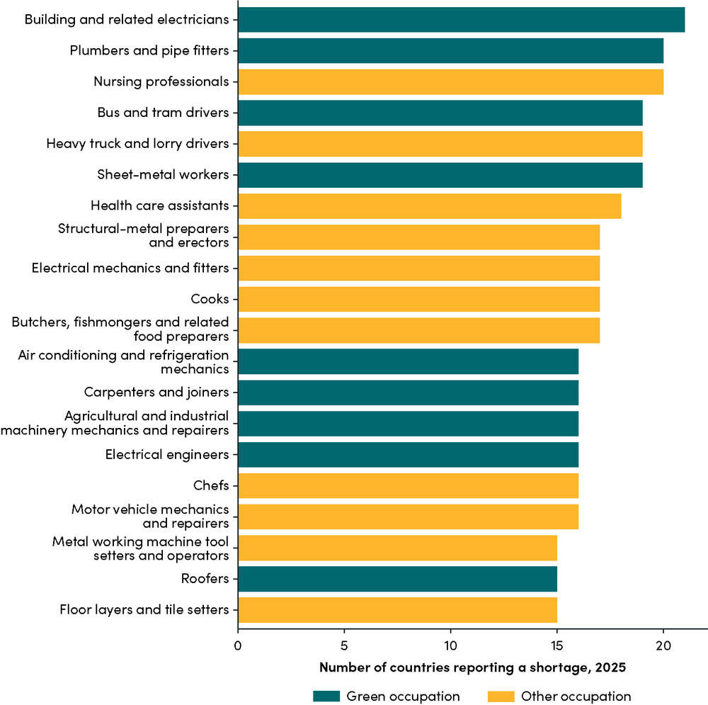 The 20 occupations most frequently reported in shortage by EURES countries' public employment services, 2025