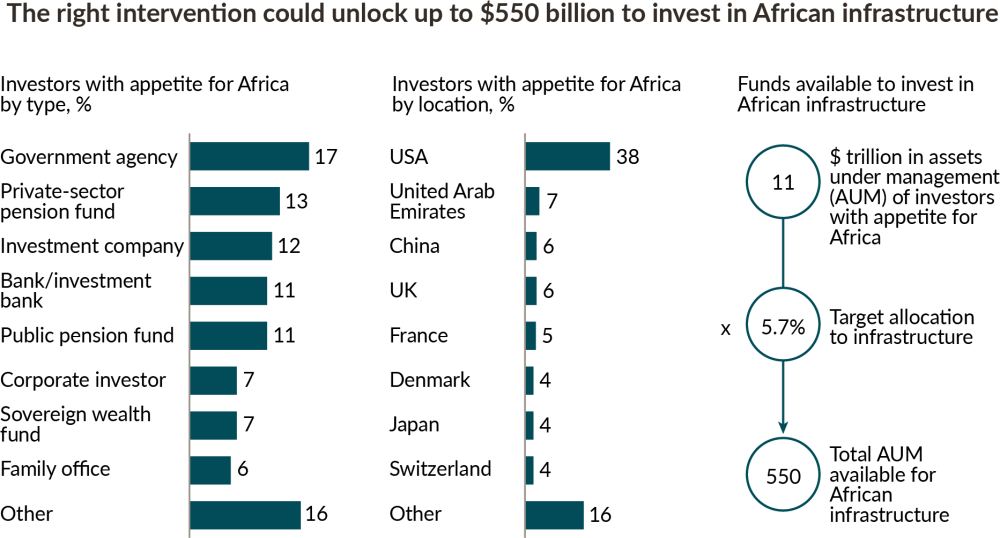 Reproduction of a McKinsey graphic showing that government agencies, private-sector pension funds, and others are interested, and that the USA is by far the country with the most investors with an appetite for Africa