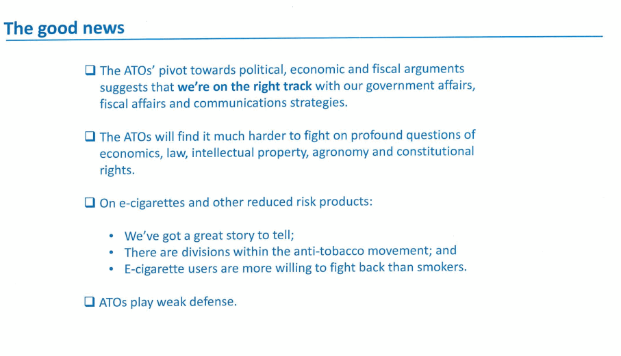 A slide from a Philip Morris International presentation on how e-cigarettes fit into their future strategy