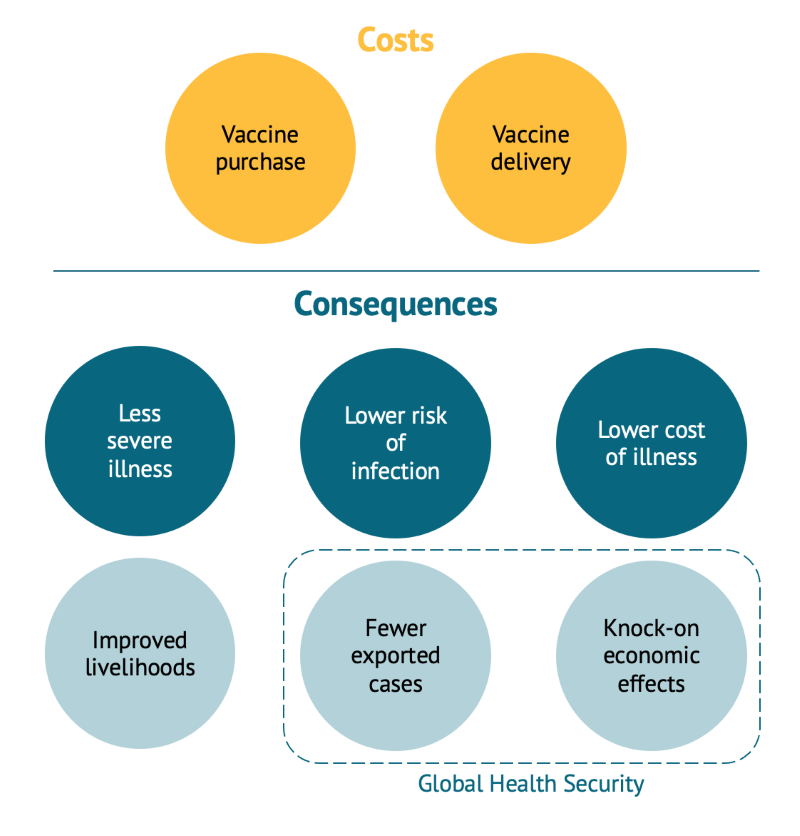 A chart showing the summary of costs and consequences of COVID-19 vaccine HTA