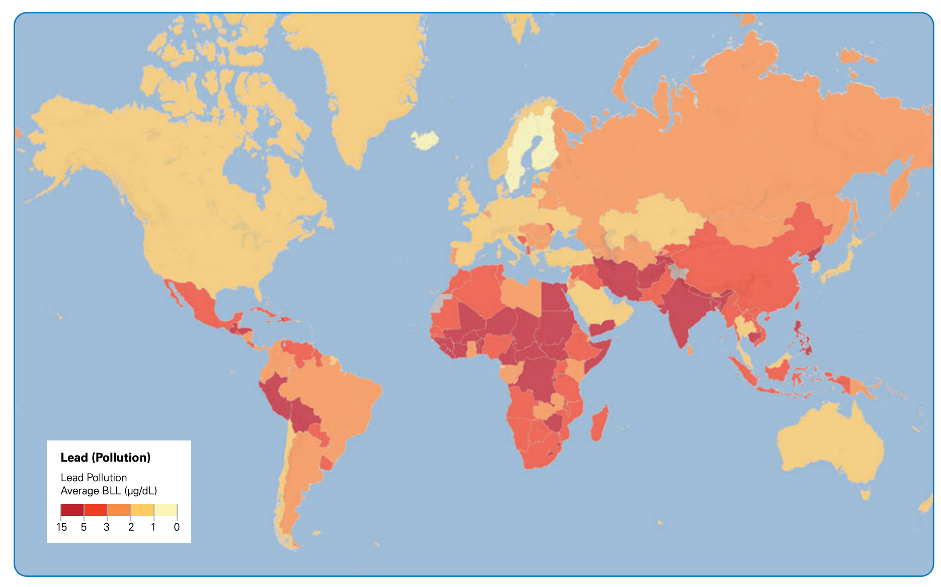 Map showing that South Asia have the largest number of children affected by high lead levels