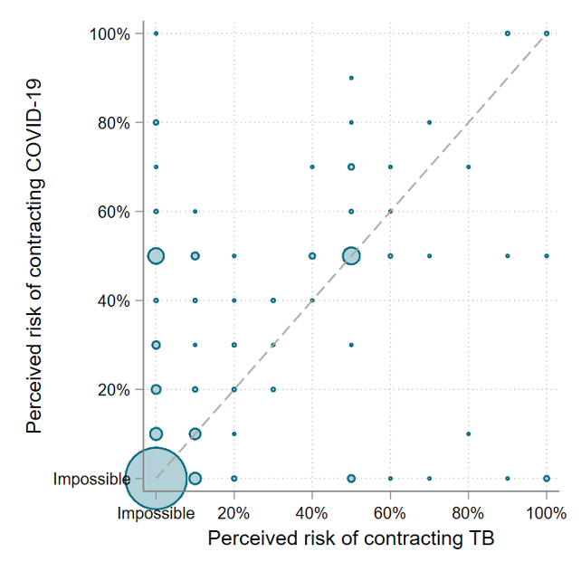 Chart of perceived risk of contracting TB vs. perceived risk of contracting COVID. By far the biggest bubble is at 0% likelihood for both.