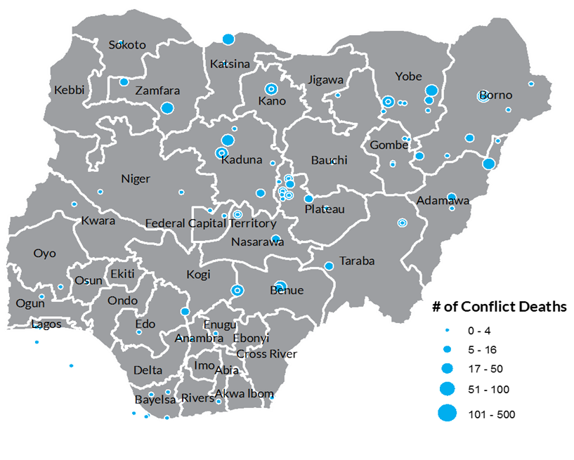 A map of Nigerian conflict deaths in 2012 by state