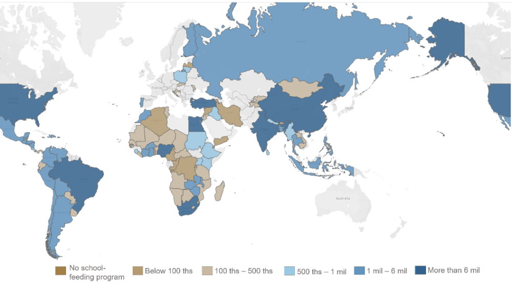 Map showing under normal circumstances how many students benefit from school feeding programs across the globe. In many countries the number is substantial, in Africa and Europe rates are lower.