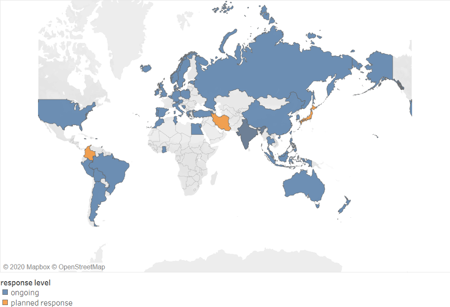 Map of countries that have or are planning cash transfers to deal with the virus. Many Asian, European, and Latin American countries are highlighted.