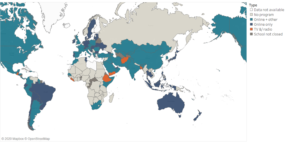 Map showing that many other parts of the world have adopted online or online + other types of learning, while most of Africa has not adopted any