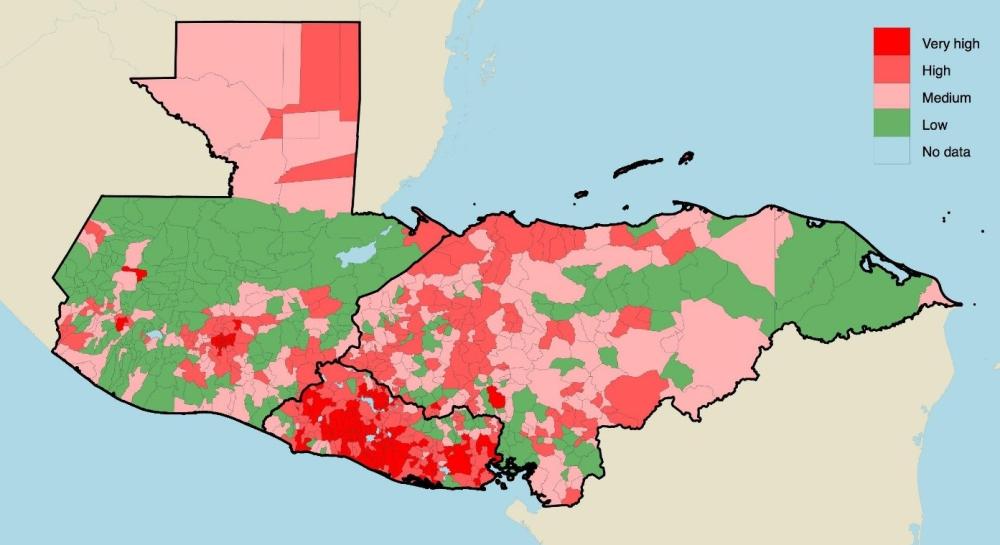 A map of the Northern Triangle, showing where additional violence was the most (red) and least (green) likely to spur additional child migration