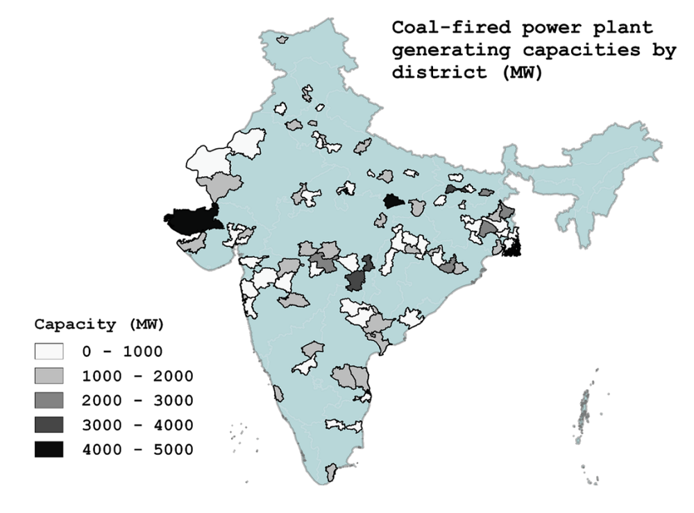 Density of coal-fired power plant generating capacities by district