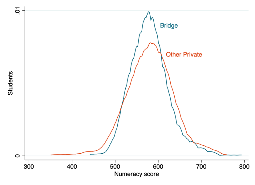 Line chart comparing Bridge and other private schools in Lagos for numeracy score