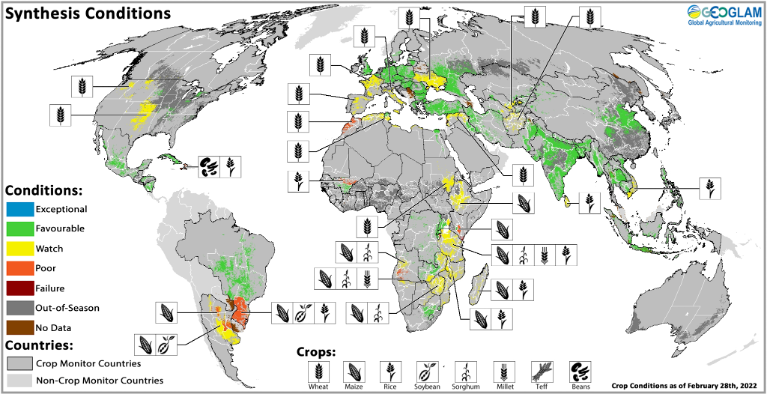 A world map illustrating crop conditions based on satellite modelling
