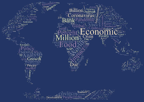 A word cloud of the most common words in the linked articles, shaped like the world.