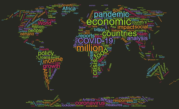 A word cloud of the most common words in the linked articles, shaped like the world.
