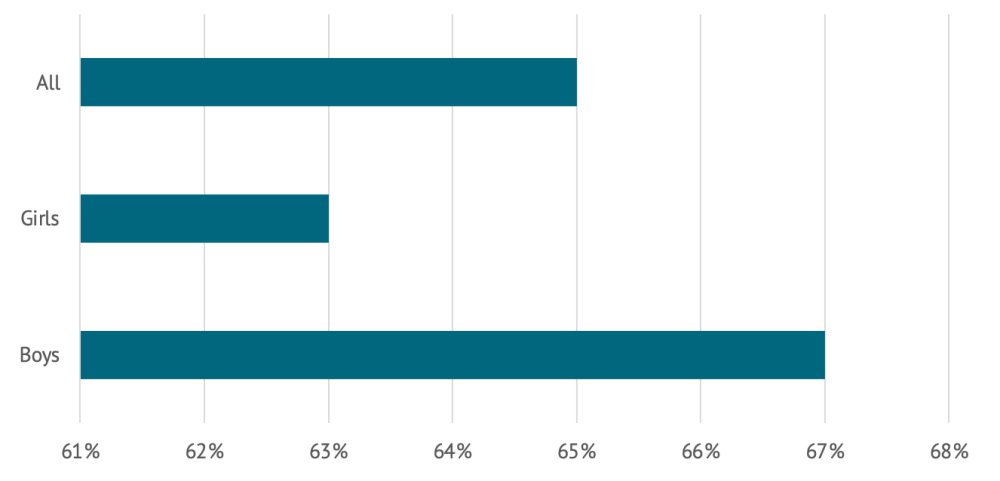 Chart showing 65% of all students are in school; broken down into 63% of girls and 67% of boys