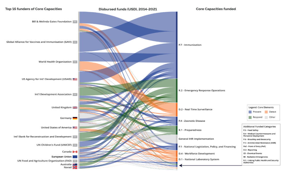 Sankey chart showing the largest donors and what they fund (immunization is the biggest category)