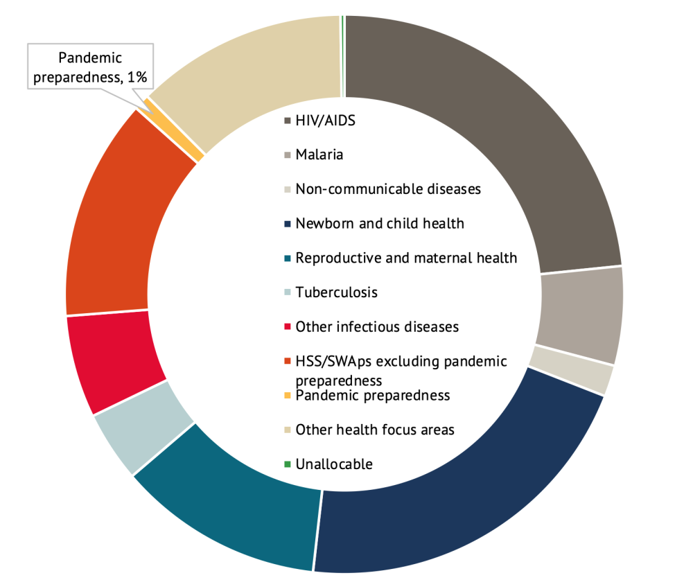 A pie chart showing development assistance for health by health focus area, 2019