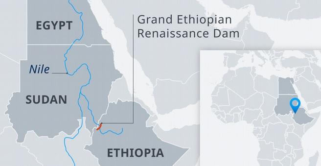 A map showing the location of the GERD in Northeast Africa