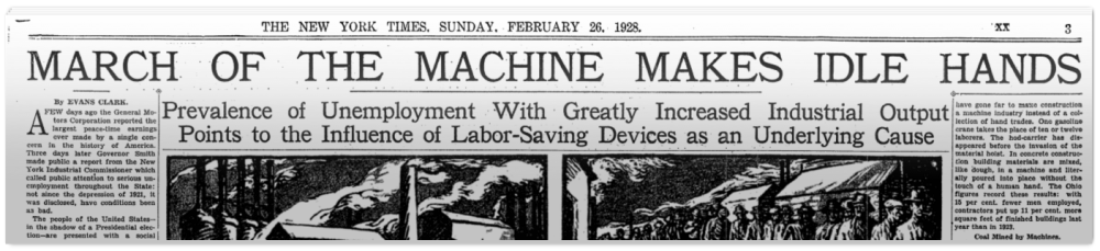 Image of the headline of the New York Times on February 26, 1928, saying automation will destroy jobs