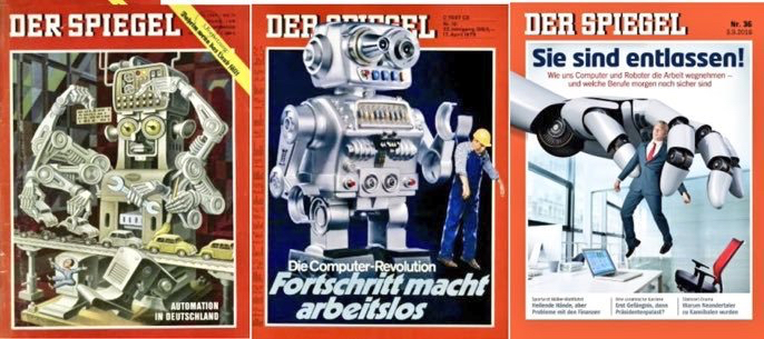 Collection of covers from Germany's Der Spiegel talking about automation as a threat to jobs.