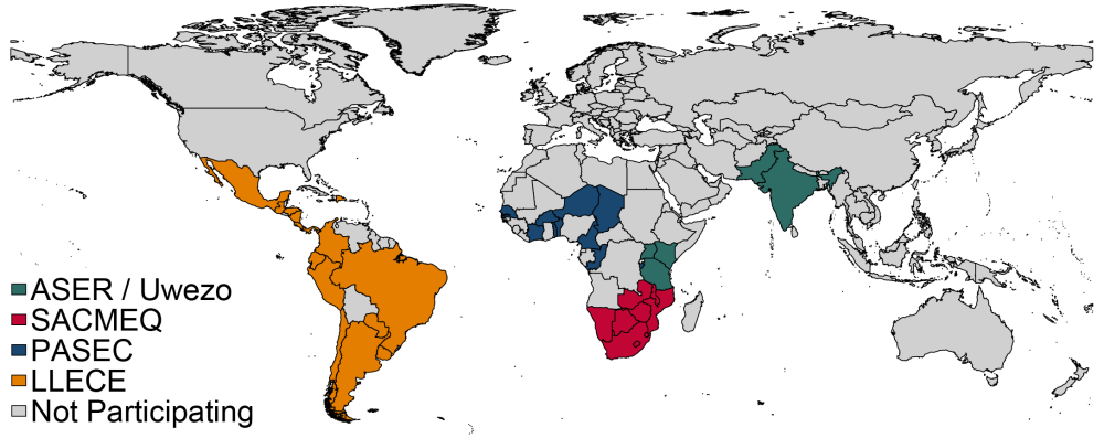 World map showing the coverage of PASEC, LLECE, and SACMEQ. LLECE covers most of Latin America, SACMEQ covers Southern Africa, ASER/Uwezo covers part of East Africa and South Asia, and PASEC covers parts of Central and West Africa
