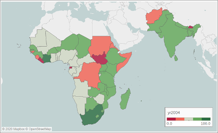 A measure of statistical capacity for African countries in 2004, shown on a map. Central and parts of Western Africa in particular are low.