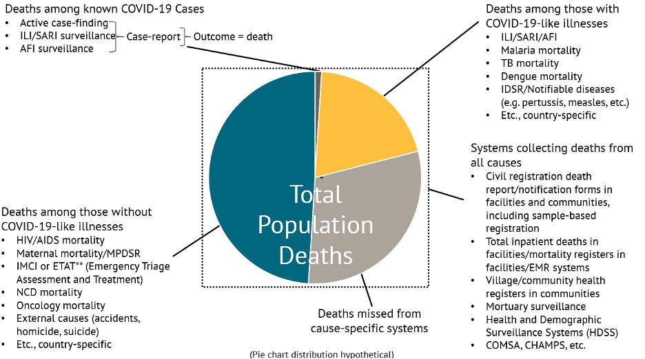A pie chart showing sources of mortality data, adapted from Erin Nichols' presentation at CGD's COVID mortality data event.