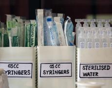 A close up of medical supplies, including syringes, at a hospital in Sri Lanka
