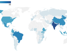 Countries colored by the number of studies presented at NEUDC about them. India, China, and Brazil are among the top, along with parts of Southeast and South Asia, Eastern Africa, and Latin America.